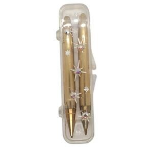 Mid Century Atomic Pen Set Gold Star Rhinestone Clear Case Statement Piece
